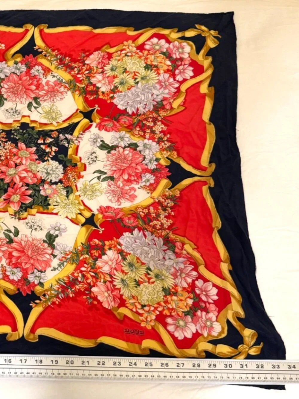 VINTAGE ERRE RED GOLD RIBBON MOTIF FLORAL HAND ROLLED SQUARE SILK SCARF ITALY